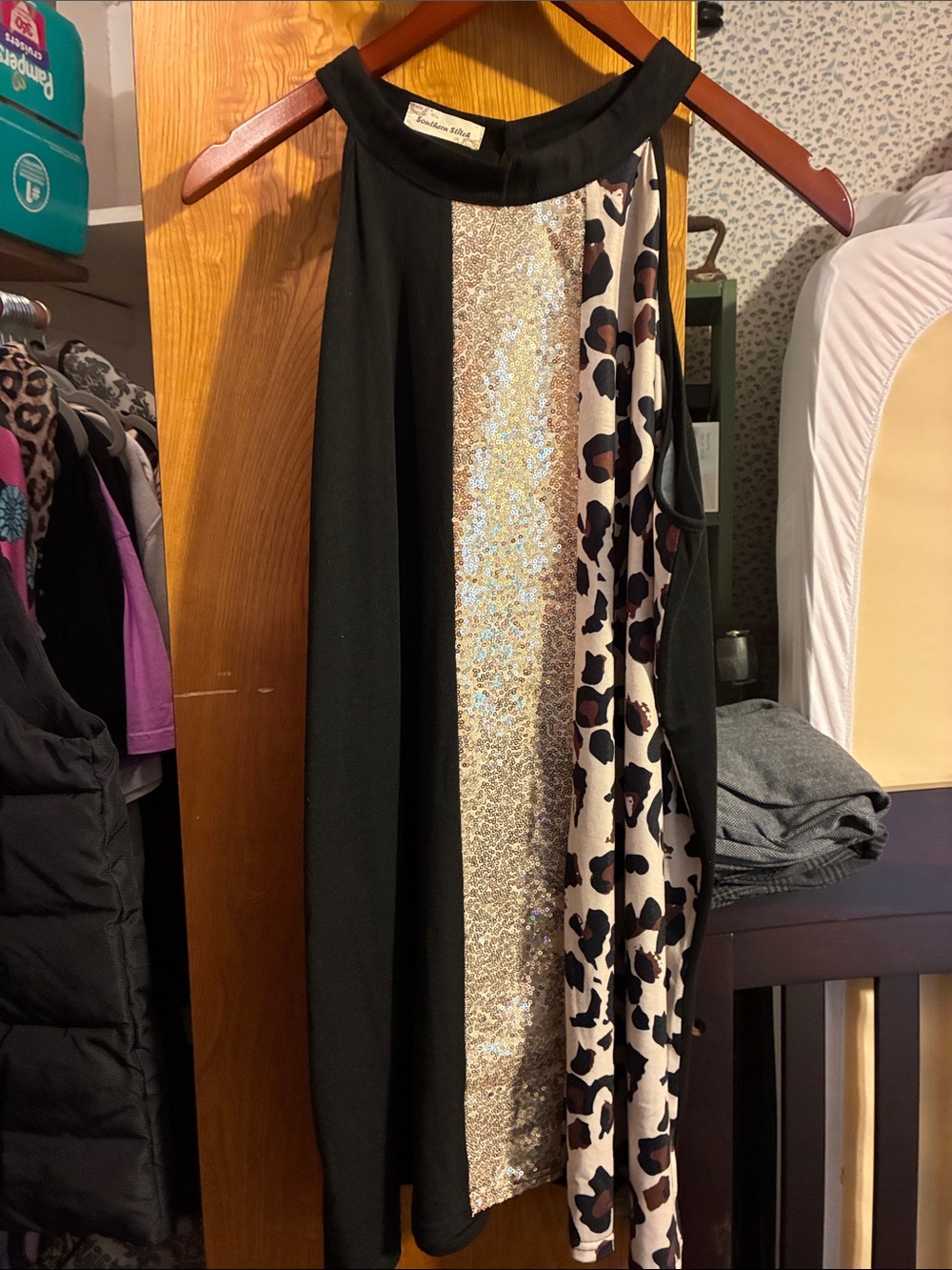 Sequin Leopard Panel Halter Top - Black/Gold - Southern Stitch